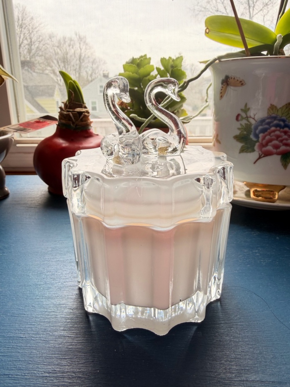 Swan Lid Clear Glass Jar – Candle Holder or Jewelry Box, Scalloped Faceted Base